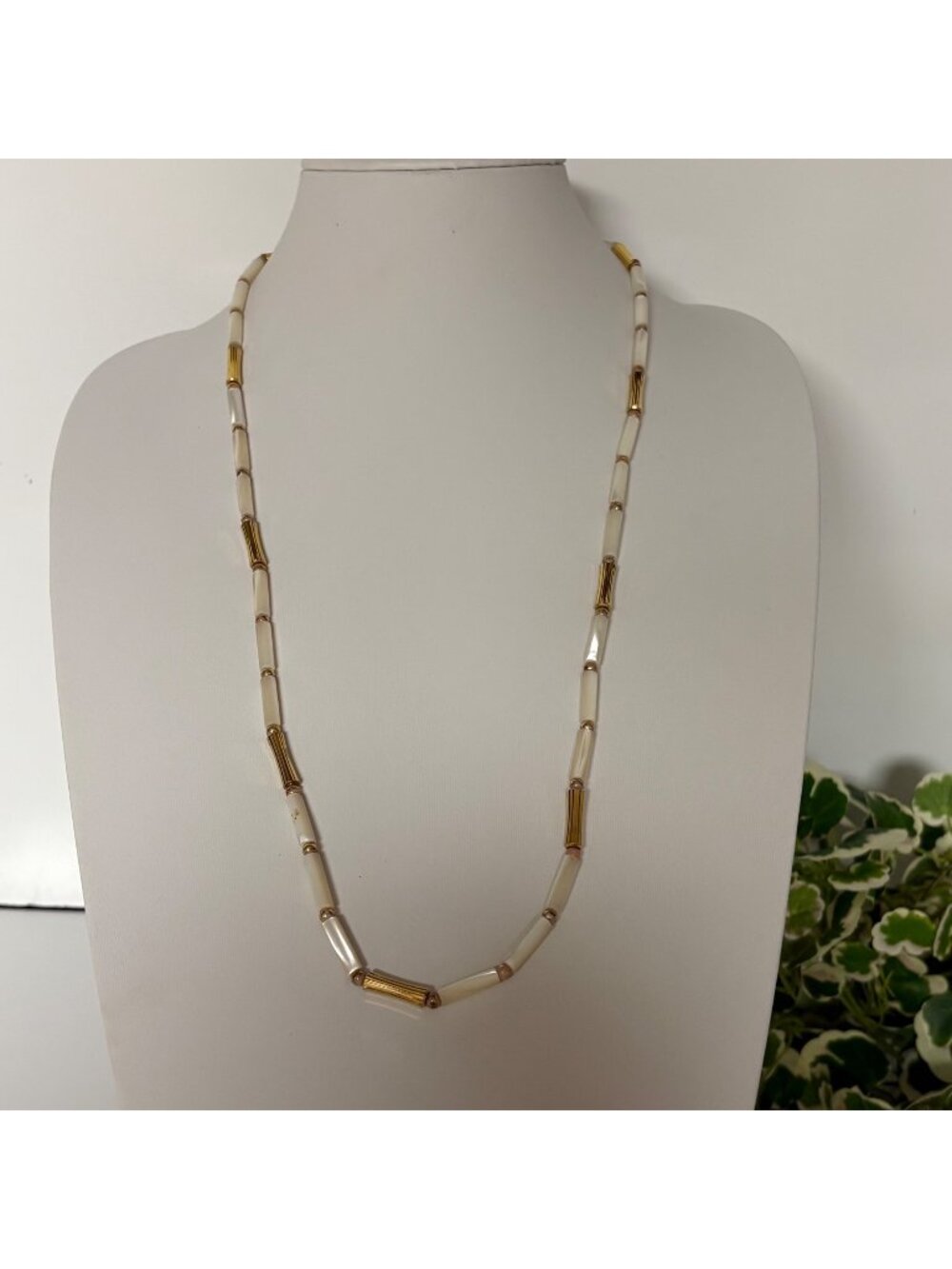 Vintage White Iridescent Tube Bead Necklace Gold Tone 30 in Mid Century Jewelry